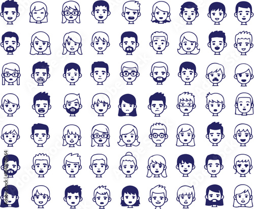 Vector art of collection of diverse cartoon faces in blue lines on for design use