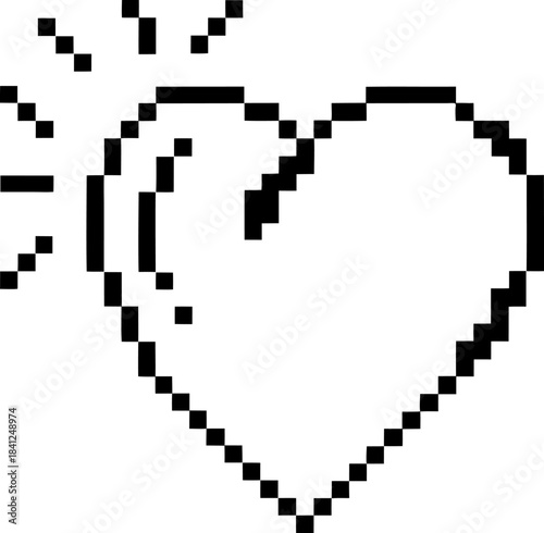 Radiant pixel heart icon minimalist retro 8 bit love symbol with shining lines, simple black outline on transparent background