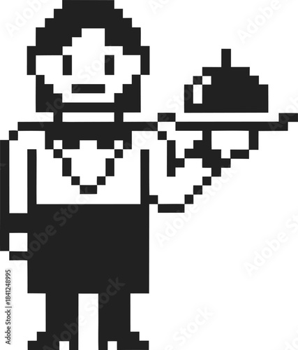 Pixel waiter holding covered dish, retro 8 bit restaurant server icon, simple black white hospitality character illustration