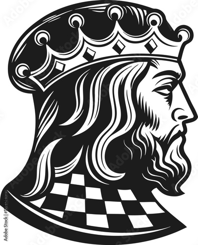 Regal crowned king profile silhouette with beard and checkered garment monochrome royal emblem, majestic medieval chess ruler illustration
