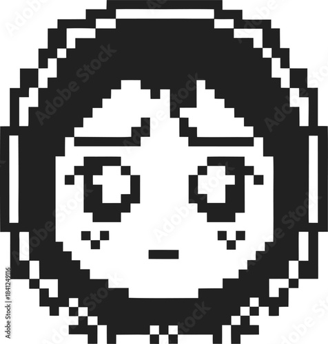 Pixel art sad face avatar icon with worried expression, retro black and white emoticon, simple nostalgia gaming profile