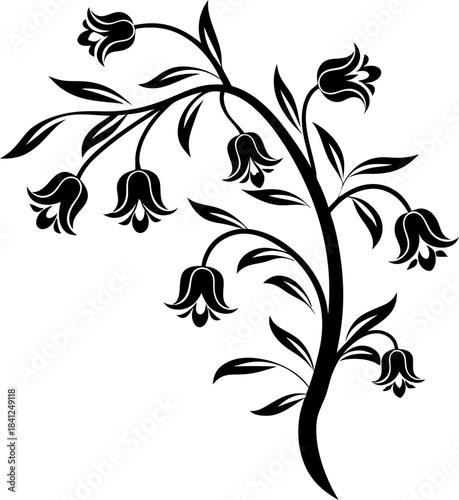 Elegant black floral silhouette with curved stem and hanging bell shaped blossoms, decorative botanical design element on white background