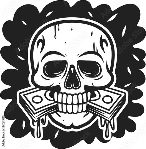 grim skull biting dripping money bills, gothic death and greed concept with dark ink splatter background illustration