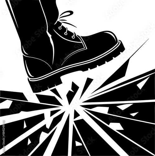 Heavy boot crushing surface with dynamic shattered ground effect strong impact, breaking floor, power, destruction, danger symbol