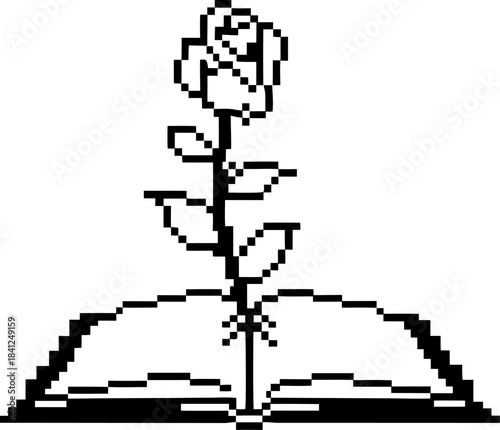 Rose blooming from open book in minimalist pixel art symbolic floral illustration of love, knowledge, romance, literature and growth