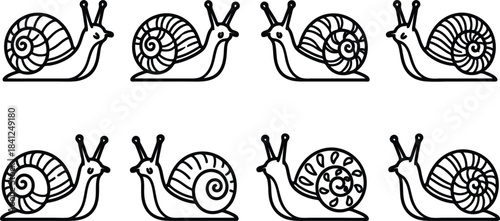 Collection of snail illustrations in various poses and patterns