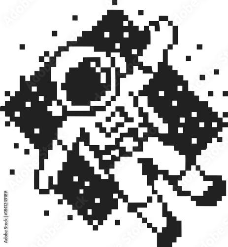 Pixel art astronaut floating in outer space, retro monochrome arcade style, minimalist cosmic exploration illustration