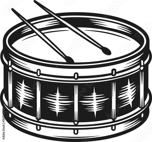 Vintage snare drum with drumsticks illustration retro percussion instrument icon, musical rhythm design in black and white