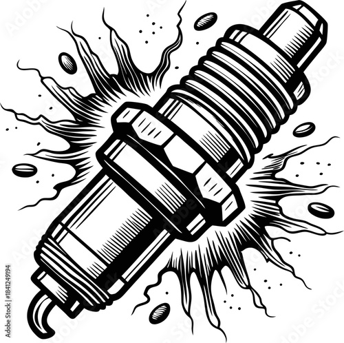 Exploding spark plug illustration with energy burst retro mechanical engine part drawing, automotive ignition concept in black and white