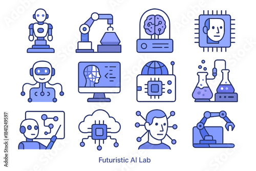 Futuristic ai lab with robots and technology icons.