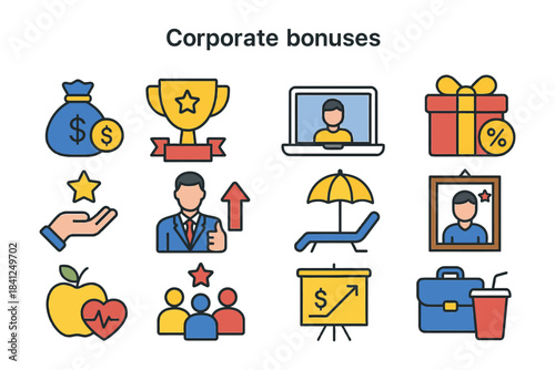 Business incentives and rewards concept icons with bonus, trophy, and gifts.