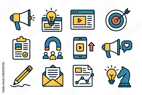 Digital marketing and strategy icons set with megaphone, lightbulb, target, and chess.