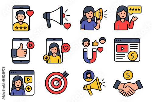 Social media marketing icons featuring diverse engagement and promotion elements.
