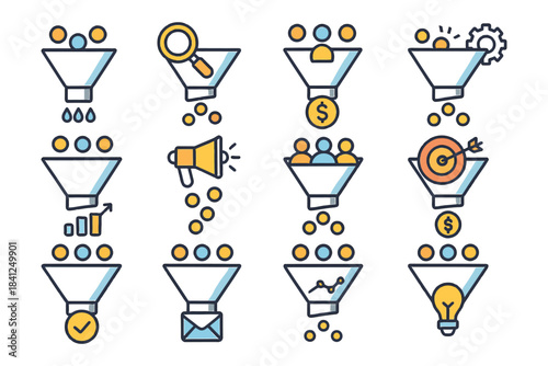 Colorful funnel icons representing business concepts and processes.
