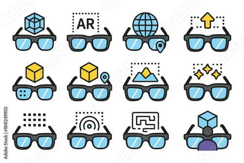 Ar glasses icons set featuring augmented reality and geolocation elements.