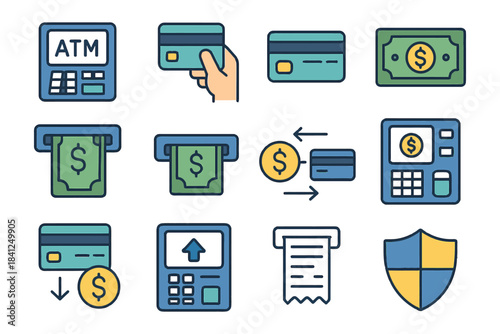 Atm and payment icons set with cash, cards, and security elements.