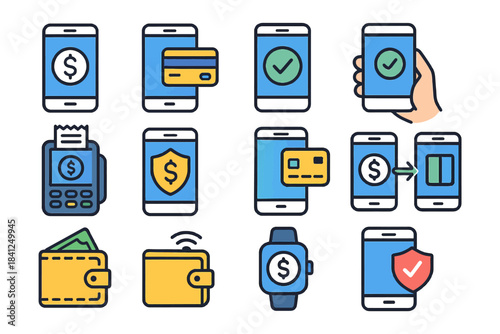 Mobile payment icons: smartphones, cards, wallets, security, transactions.