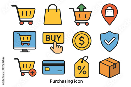 Colorful e-commerce and online shopping icons collection.
