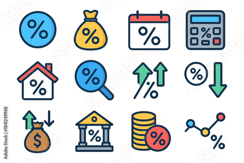 Financial icons set featuring percentages, money bags, calculator, graphs, and arrows.