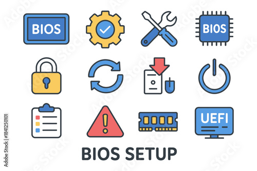 Bios setup tools icons: gear, lock, uefi, power, chip, repair, warning.