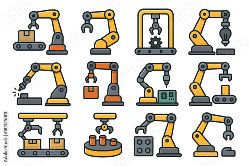 Set of industrial robotic arms performing various tasks in a factory setting.