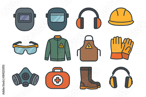 Essential safety equipment icons: welding masks, ear protection, hard hat, safety glasses, protective gear.
