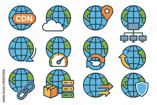 Internet connectivity and global network icons with globe and cloud symbols.
