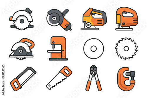Colorful power tools and equipment icons set featuring saws and clamp.