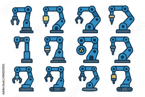 Multiple blue robotic arms with various end effectors.