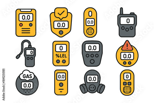 Various gas detector icons collection with digital displays and warning indicators.
