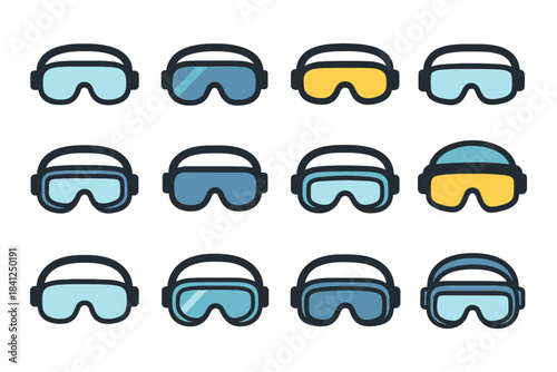 Various ski and snowboard goggles in different colors and styles.