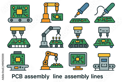 Colorful icons of pcb assembly and robotic automation process.