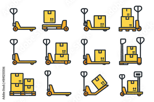 Warehouse equipment: hand trucks and pallet jack with boxes for efficient material handling.