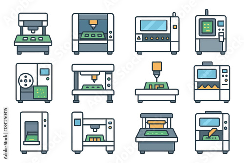 Collection of industrial cnc machines and 3d printers in a factory setting.