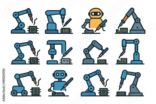 Diverse robotic arm designs and industrial automation icons collection.