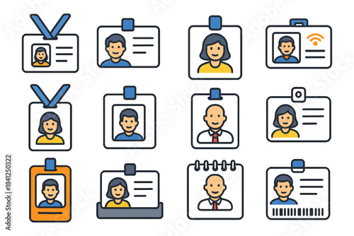 Various id badge and profile icon set featuring male and female characters.