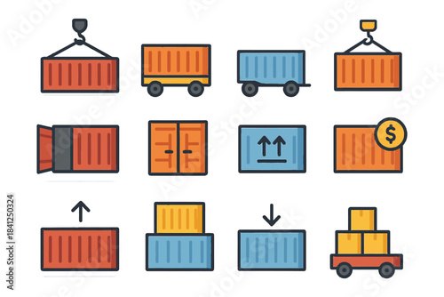 Colorful shipping container icons for logistics and transportation.