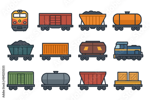 Collection of colorful train cars and locomotives in iconic style.