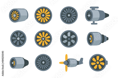 Various jet engine and propeller designs with diverse components.