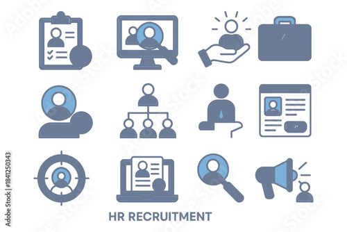 Hr recruitment icons: job interview, candidate profile, resume, online hiring, recruitment process.