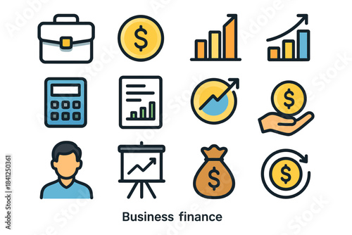 Business finance icons: charts, money, briefcase, calculator, presentation, man.