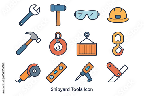 Colorful shipyard tools icon set featuring hammer, helmet, hooks, drill, safety glasses.
