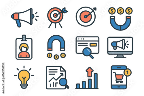 Digital marketing and sales icons: target, megaphone, magnet, analytics.