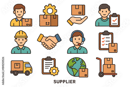 Business icons set featuring workers, delivery, and supply chain elements.