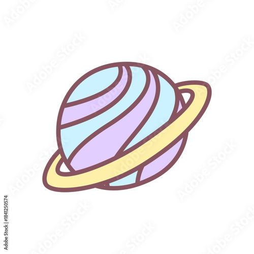Cute planet icon. Stylized ringed planet in soft rainbow hues for dreamy, space-themed design. Kawaii sticker. Vector 10 EPS.