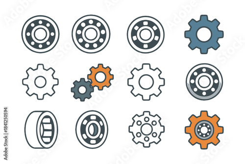 Set of mechanical gear and bearing icons in various styles and colors.