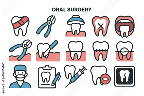 Oral surgery icons: tools, teeth, procedures, dentist, healthcare, dental.