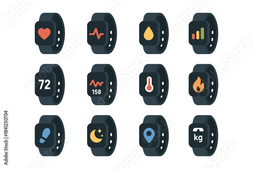 Smartwatch icons: heart rate, temperature, fitness, sleep, location, activity tracking.