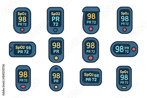 Variety of pulse oximeters displaying spo2 and pr levels.