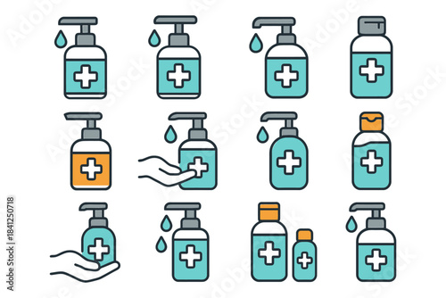 Various dispenser icons: soap, hand sanitizer, and lotion bottles.
